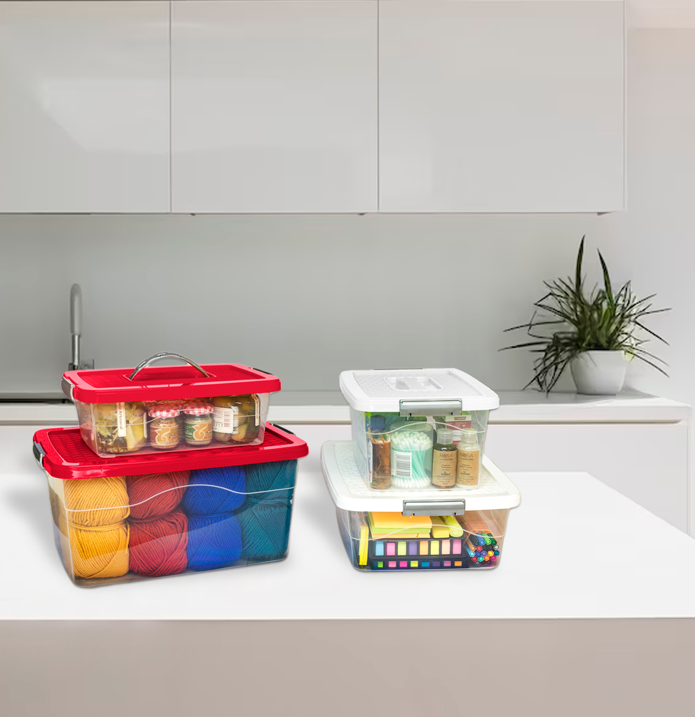 CAJA ORGANIZADORA CON MANIJA 10 L X 12 UND TRANSPARENTE AZUL