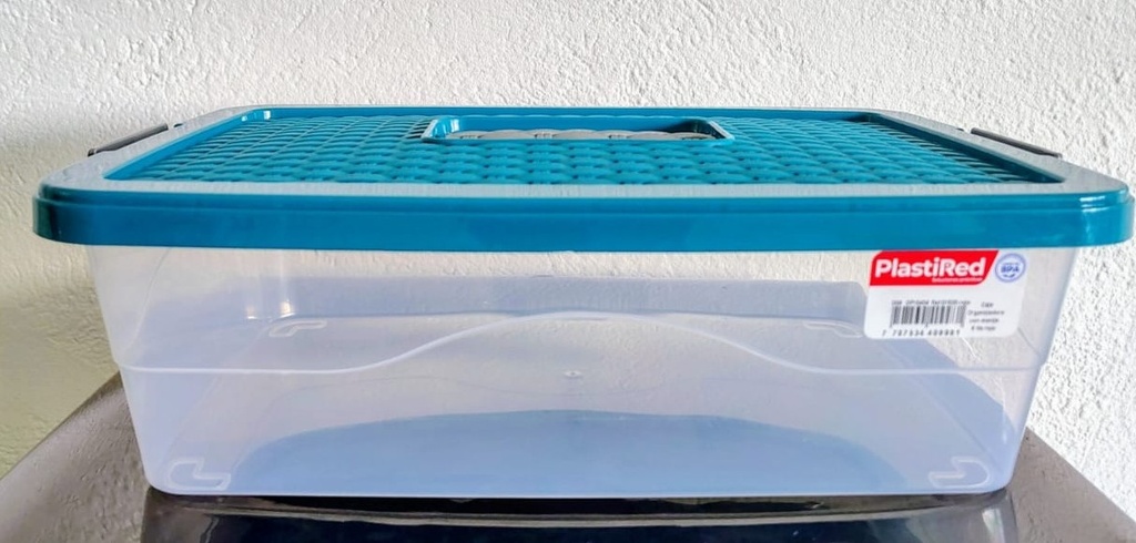 CAJA ORGANIZADORA CON MANIJA 3 L X 18 UND TRANSPARENTE AZUL