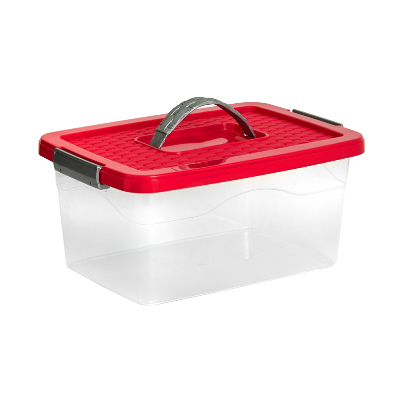 CAJA ORGANIZADORA CON MANIJA 10 L X 12 UND TRANSPARENTE ROJO